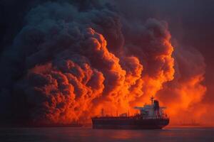 A large ship is in the middle of a large smoke cloud photo