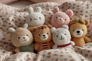 A group of stuffed animals are sitting on a bed photo