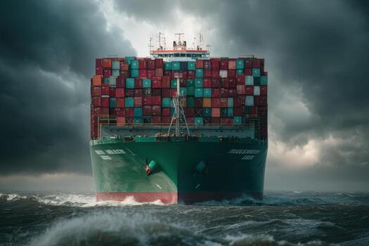 A large container ship in the ocean with storm clouds photo