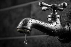 A black and white photo of a water dripping faucet