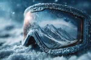 Snow goggles on the ground with mountains in the background photo