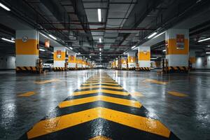 An empty parking garage with yellow and black stripes photo
