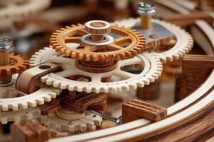 A close up of a wooden clock with gears photo