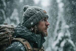 A man with a backpack in the snow photo