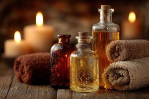 Candles, towels and bottles of oil on a wooden table photo