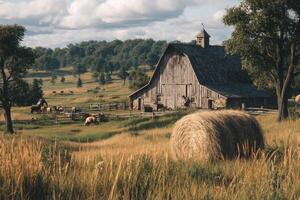 A barn in the middle of a field with hay photo