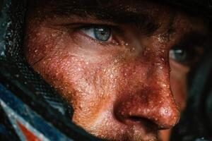 A close up of a man's face with blue eyes photo