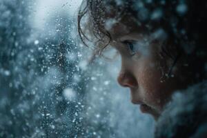 A child looking out a window in the rain photo