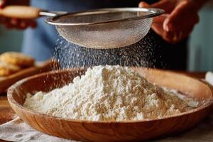 A person sprinkling flour into a bowl photo
