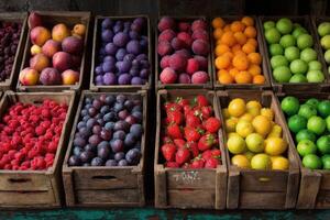 A display of fruit in wooden crates photo