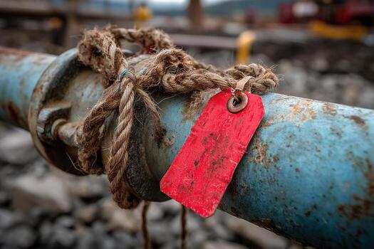 A red tag attached to a pipe photo