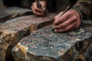 A soldier writing on a rock with a pen photo
