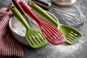Kitchen utensils with spatula and whisk in bowl photo