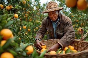A man in a straw hat picking oranges from an orchard photo
