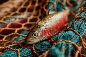 A fish is sitting in a net on a wooden table photo