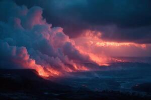 Lava flowing into the ocean at sunset photo