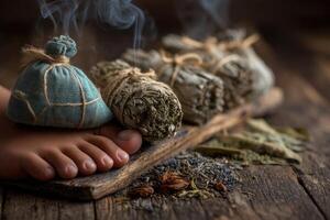 A person's feet with herbs and spices photo