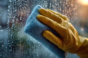 A person in yellow gloves cleaning a window with water drops photo
