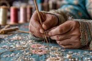 A woman is sewing on a piece of embroidery photo