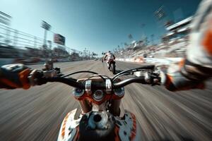 A blurry image of a motorcycle rider on a dirt track photo