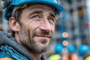 A man in a blue hard hat smiling photo