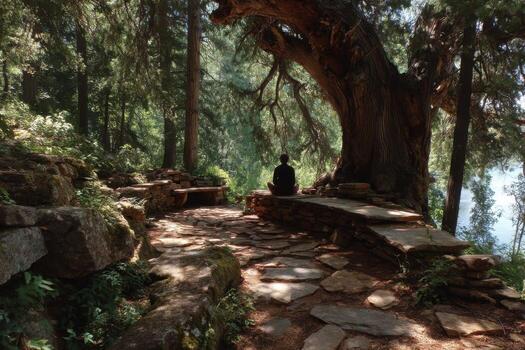 A person sitting on a bench under a tree photo