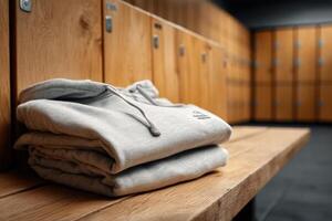 A folded sweatshirt sits on a bench in a locker room photo