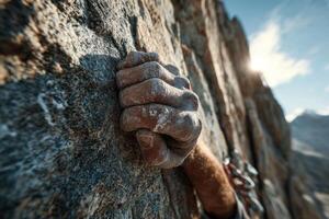 A hand holding onto a rock in the mountains photo