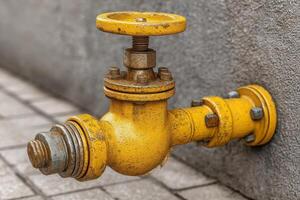 A yellow fire hydrant on a brick wall photo