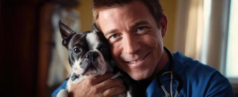 The veterinarian and his adorable Boston Terrier sharing a heartwarming moment. photo