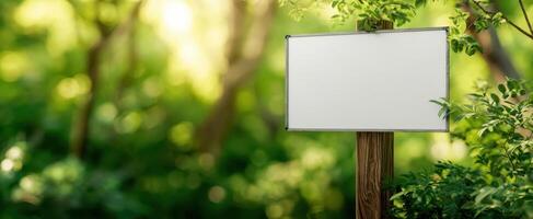 The blank signpost surrounded by lush greenery in a tranquil forest setting. photo
