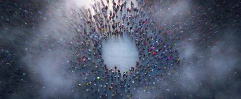 The crowd gathers around an open space, creating a vibrant urban scene. photo