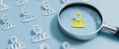 The magnifying glass highlights a unique business identity in a sea of selections. photo