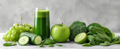 The vibrant green juice surrounded by fresh fruits and vegetables on a table. photo
