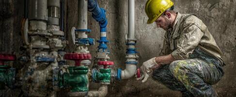 The plumber inspecting water pipes in an industrial setting for efficient repairs. photo