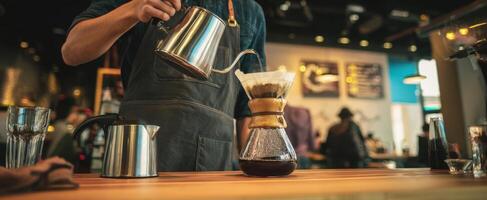 The Art of Brewing Coffee with a Chemex in a Modern Cafe Setting photo