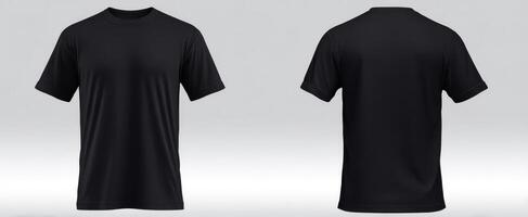 The black t-shirt displayed from the front and back views in a studio setting. photo
