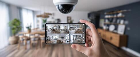 The smartphone displaying security footage of a modern living room environment. photo