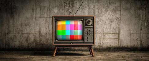 The vintage television showcasing a colorful screen in a modern interior setting. photo