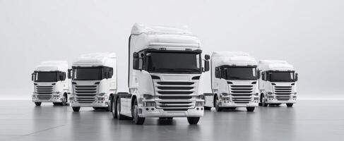 The fleet of modern white trucks lined up in a minimalist setting. photo