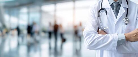 The confident doctor with stethoscope standing in a modern healthcare setting. photo