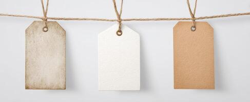 The collection of three customizable paper tags hanging on a rustic rope. photo