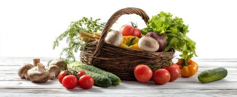 The vibrant basket filled with fresh vegetables and herbs on a wooden table. photo