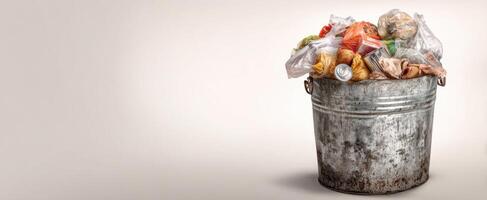 The overflowing trash bin filled with mixed waste and refuse materials. photo