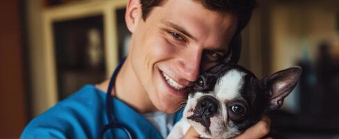The veterinarian smiling with a cute dog, showcasing a loving bond in care. photo