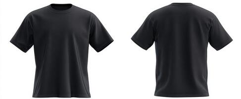 The black t-shirt showcasing front and back views for apparel design. photo