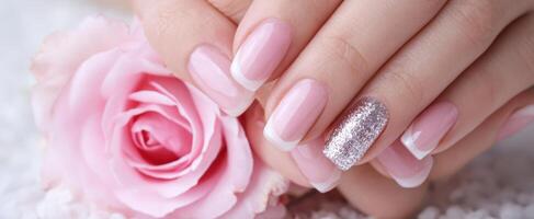 The elegant nails adorned with sparkle and surrounded by fresh pink roses. photo