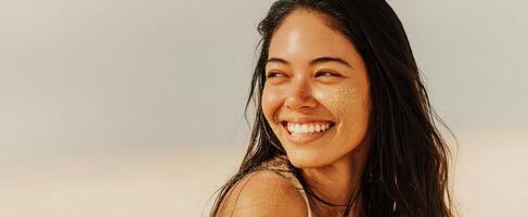 The joyful woman enjoying a sunny day at the beach with a radiant smile. photo