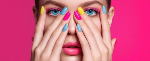The stunning model showcasing colorful nails and vibrant makeup against a pink backdrop. photo