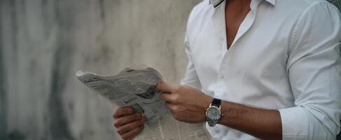 The man reading a newspaper with a stylish watch in a modern setting. photo